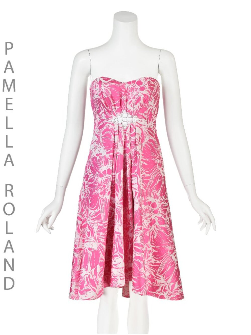 PAMELLA ROLAND Pink and White Strapless Empire Waist Party Dress, SZ 2